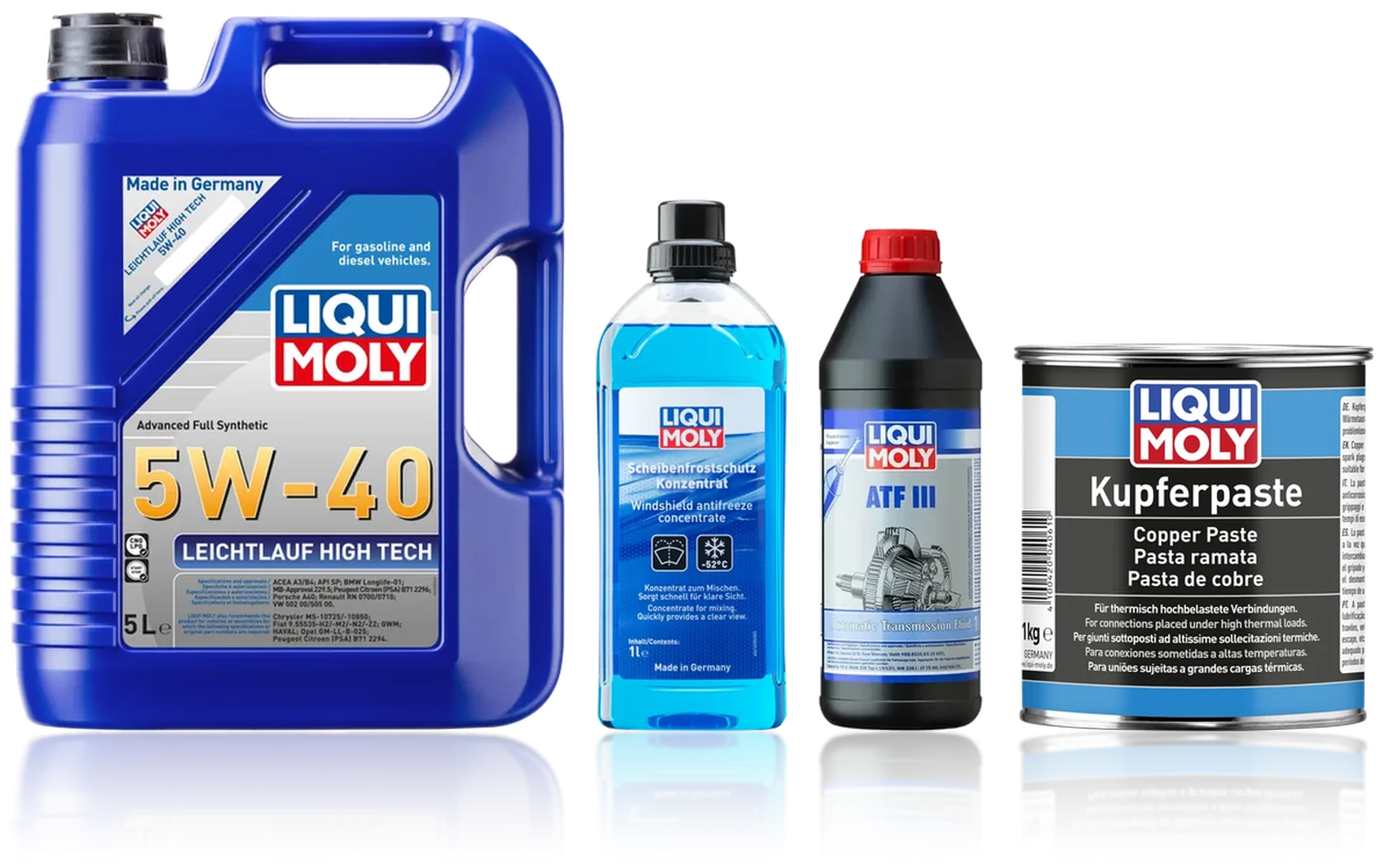 LIQUI MOLY ürün ailesi — motor yağı, cam suyu, şanzıman yağı ve bakır macunu